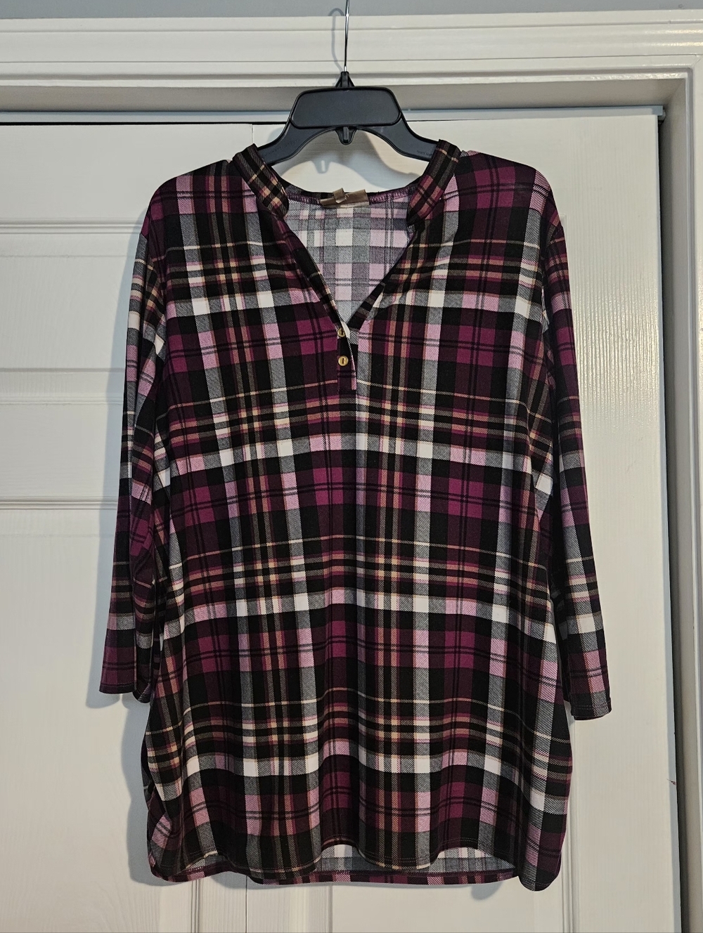 Cupcake Cafe Plaid Maternity Tunic Top in Black and Magenta
